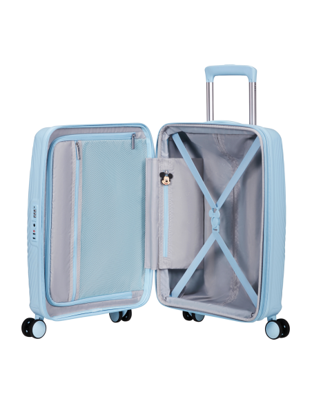 Valise cabine extensible 55 cm American Tourister Mickey Magic Mickey Pastel Blue, intérieur ouvert et rangements