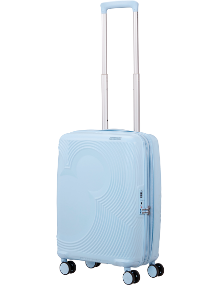 Valise cabine extensible 55 cm American Tourister Mickey Magic Mickey Pastel Blue, poignée télescopique déployée