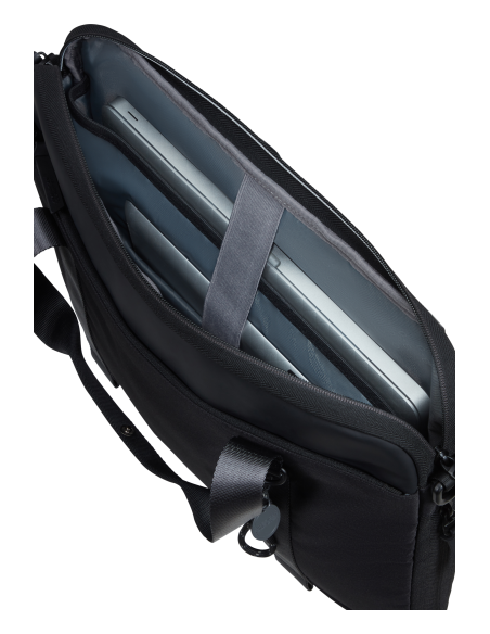 Sacoche PC extensible 15,6 pouces American Tourister Minima Noir, intérieur ouvert et rangements