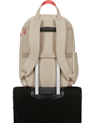 Sac à dos PC M 15,6 pouces American Tourister Puffypop Beige, passant fixé sur une valise
