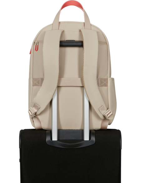 Sac à dos PC M 15,6 pouces American Tourister Puffypop Beige, passant fixé sur une valise