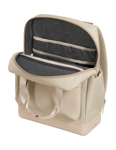 Sac à dos PC 15 pouces American Tourister Soulpack Beige, intérieur ouvert et rangements