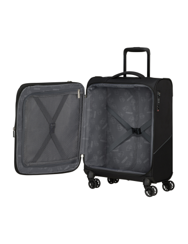 Valise cabine 4 roues 55 cm American Tourister SummerRide Noir, intérieur ouvert et rangements