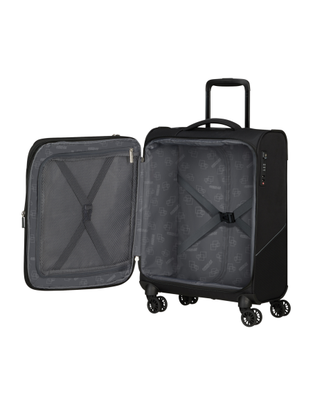 Valise cabine 4 roues 55 cm American Tourister SummerRide Noir, intérieur ouvert et rangements