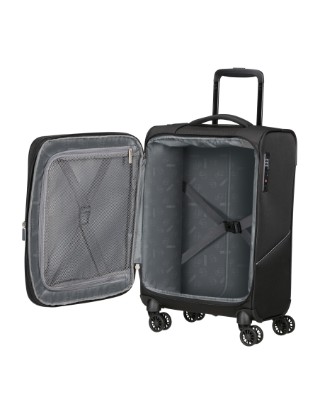 Valise cabine 55 cm largeur 35 cm American Tourister SummerRide Noir, intérieur ouvert et rangements