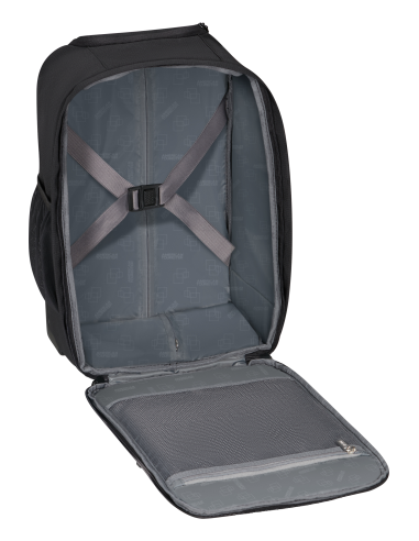 Sac à dos S à roulettes 40 cm American Tourister Take2cabin Noir, compartiment ouvert et sangles