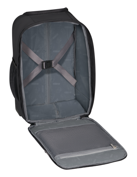 Sac à dos S à roulettes 40 cm American Tourister Take2cabin Noir, compartiment ouvert et sangles