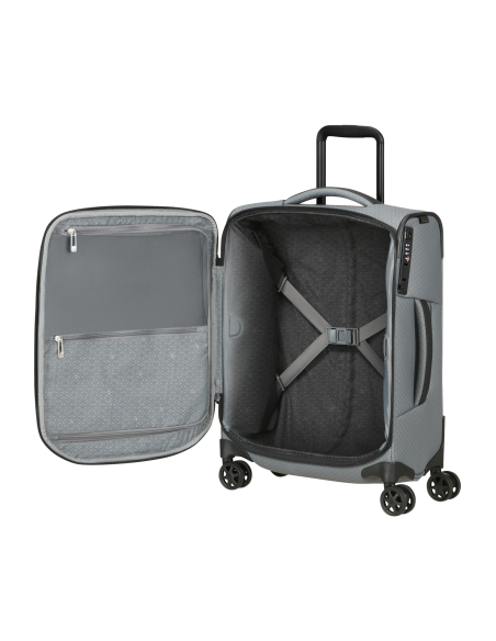 Valise 55 cm Samsonite Respark LTD Charcoal Amber, intérieur ouvert et sangles croisées