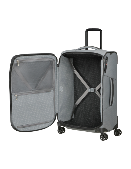 Valise 67 cm Samsonite Respark LTD Charcoal Amber, intérieur ouvert et sangles croisées