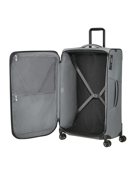 Valise 79 cm Samsonite Respark LTD Charcoal Amber, intérieur ouvert et sangles croisées