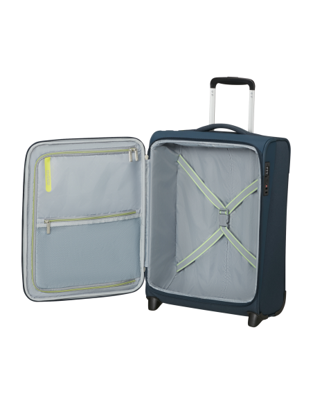Valise cabine 2 roues 55 cm American Tourister Wanderlite Bleu Marine Foncé, compartiment ouvert et rangements
