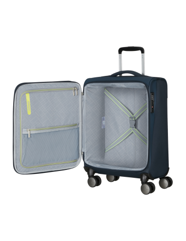 Valise cabine 4 roues 55 cm American Tourister Wanderlite Bleu Marine Foncé, compartiment ouvert et rangements