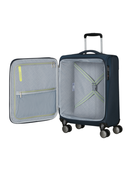 Valise cabine 4 roues 55 cm American Tourister Wanderlite Bleu Marine Foncé, compartiment ouvert et rangements