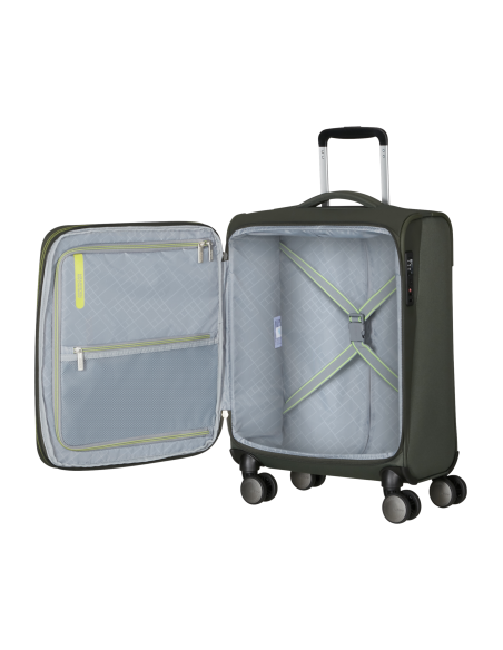 Valise cabine extensible 55 cm American Tourister Wanderlite Dark Khaki, compartiment ouvert et rangements