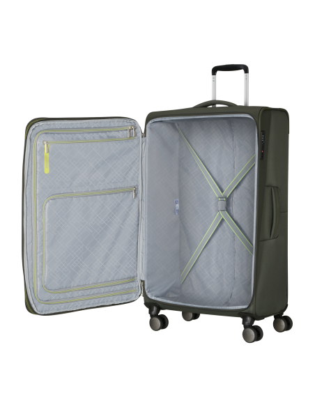 Valise soute extensible 79 cm American Tourister Wanderlite Dark Khaki, compartiment ouvert et rangements