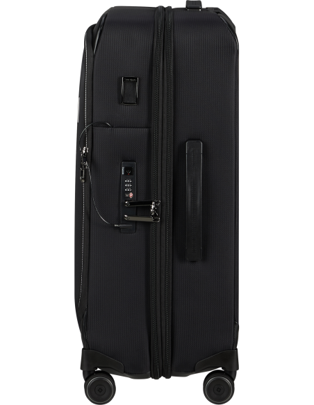 Valise 67 cm Samsonite Splendix Noir, profil et serrure TSA
