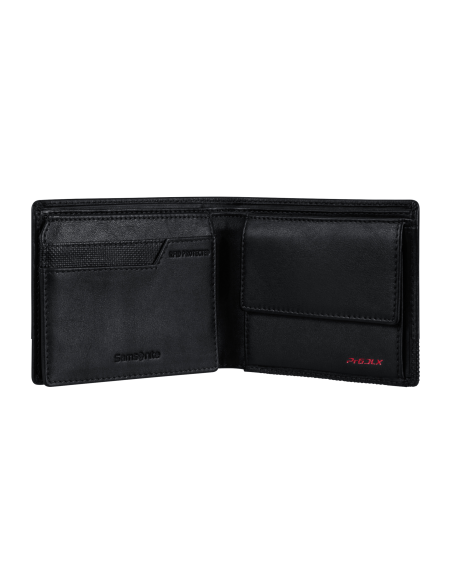 Portefeuille compact en cuir 6 cartes et monnaie Samsonite Pro-DLX 6 SLG Noir, rangements intérieurs ouverts