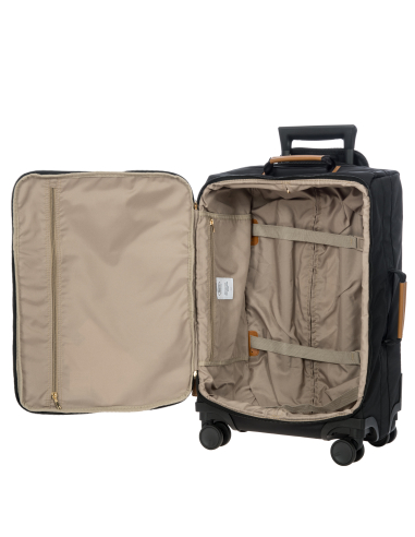 Valise 55 cm Bric’s X-Travel Black, intérieur ouvert, sangles et poche zippée