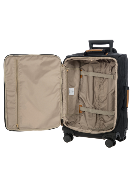 Valise 55 cm Bric’s X-Travel Black, intérieur ouvert, sangles et poche zippée