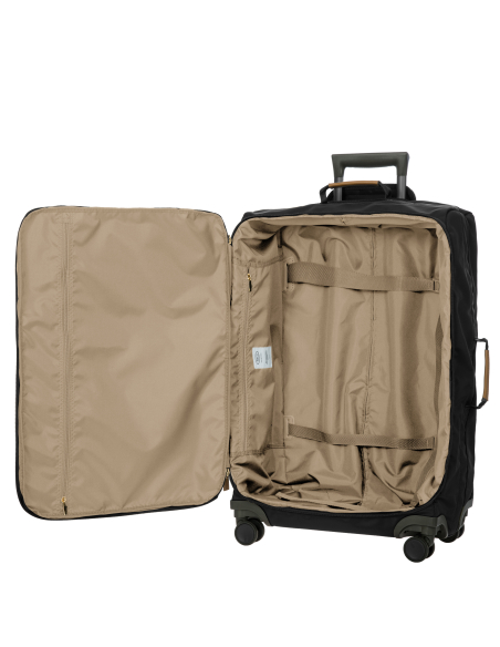 Valise 71 cm Bric’s X-Travel Black, intérieur ouvert, sangles et poche zippée