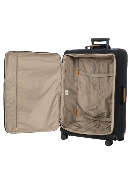 Valise 77 cm Bric’s X-Travel Black, intérieur ouvert, sangles et poche zippée