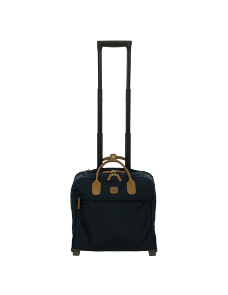 Bureau mobile Bric’s X-Travel Ocean Blue, vue de face avec poignée télescopique déployée