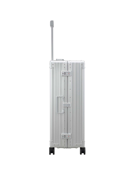 Valise aluminium ALEON 76 cm Platinum, profil avec fermoirs TSA