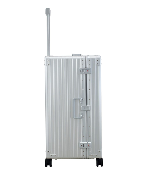 Valise Trunk aluminium ALEON 78 cm Platinum, profil avec fermoirs TSA