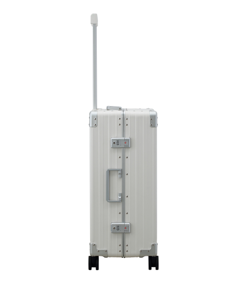 Valise aluminium ALEON Fortis 67 cm Snow White, profil avec fermoirs TSA