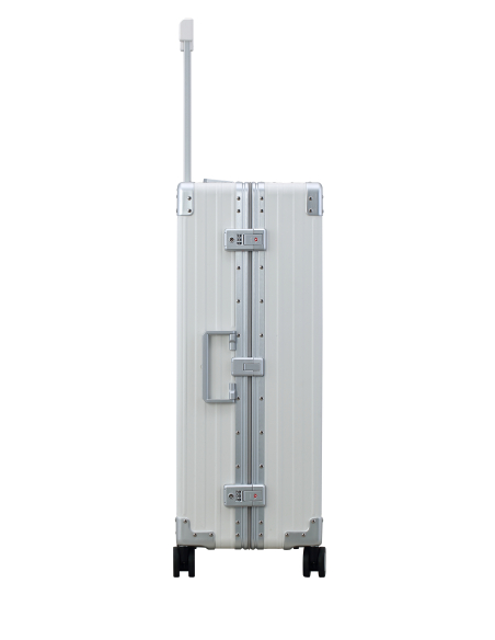 Valise aluminium ALEON Fortis 76 cm Snow White, profil avec fermoirs TSA
