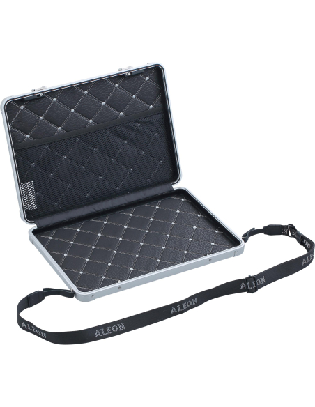 Housse ordinateur aluminium 14 pouces ALEON Platinum, housse ouverte avec bandoulière