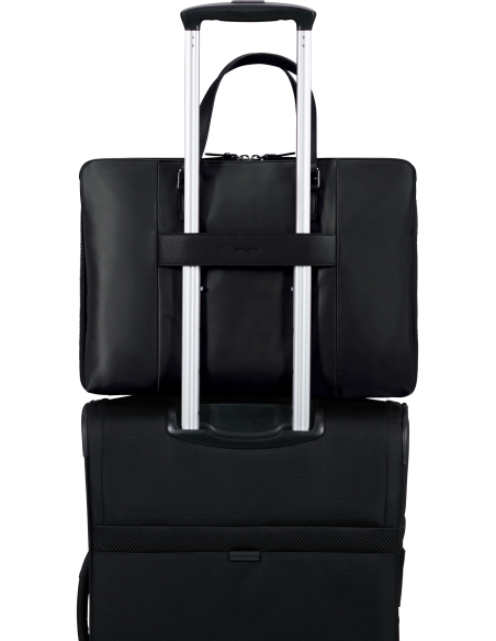 Sacoche Slim 15,6 pouces Samsonite Karissa Evo Noir, fixée sur une valise