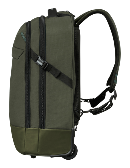 Sac à dos 2 roues 17,3 pouces Samsonite Roadseeker Vert Olive Foncé, profil avec bretelles et roulette