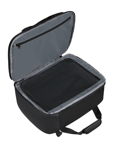 Sac sous-siège convertible sac à dos M Samsonite Roadseeker Deep Black, intérieur ouvert et sangles croisées