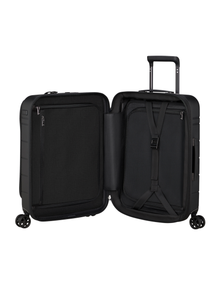 Valise cabine extensible 4 roues 55 cm Samsonite Neopod Noir, intérieur ouvert avec séparateur et sangles