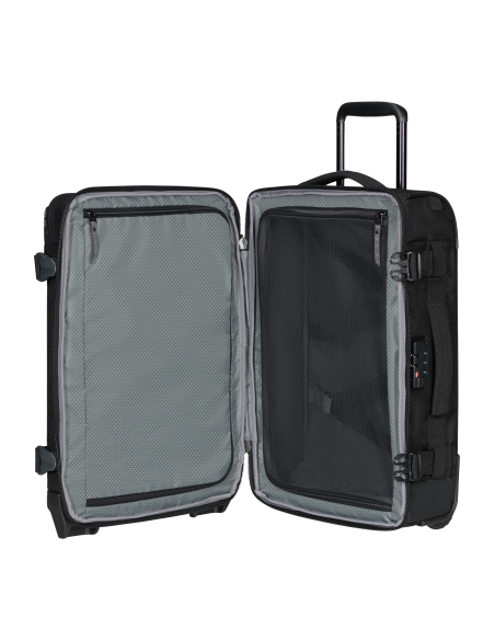 Sac de voyage cabine 2 roues 55 cm Samsonite Roadseeker Deep Black, intérieur ouvert avec séparateur et sangles