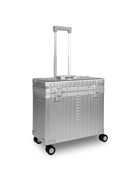 Pilot case aluminium ALEON Office 4 roues 44 cm Platinum, trois quarts et poignée télescopique