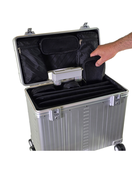 Pilot case aluminium ALEON Office 4 roues 44 cm Platinum, rangements intérieurs
