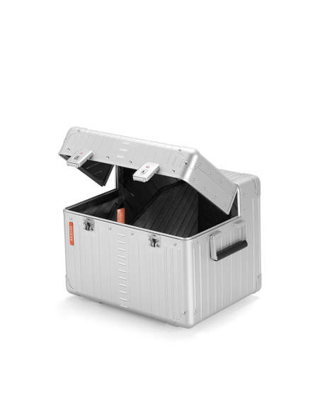 Malle aluminium ALEON compacte 33,5 cm Platinum, couvercle partiellement ouvert