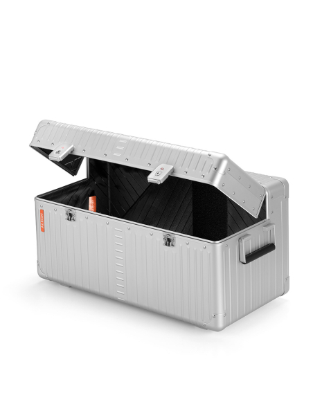 Malle aluminium ALEON grand format 33,5 cm Platinum, couvercle partiellement ouvert