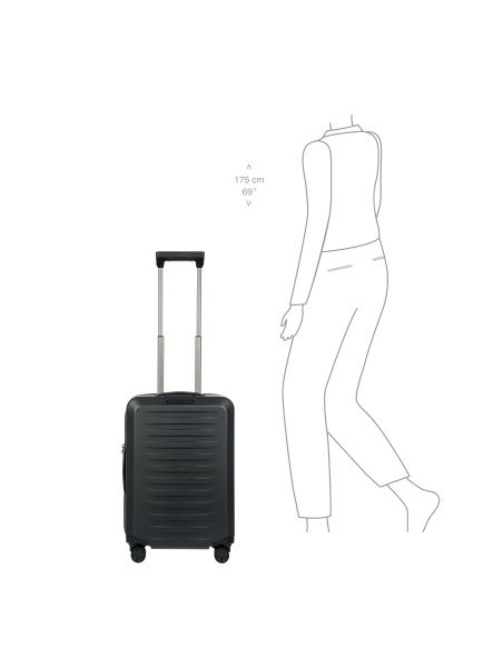 Porsche Design Roadster Hardcase 55 cm Matt Black, vue de face avec silhouette pour comparer la taille