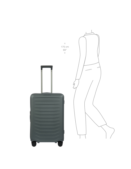 Porsche Design Roadster Hardcase 69 cm Grey Matt, vue de face avec silhouette pour comparer la taille
