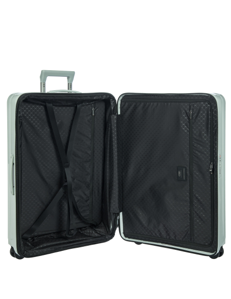 Porsche Design Roadster Hardcase 75 cm Chalk, intérieur ouvert avec sangles et séparation zippée