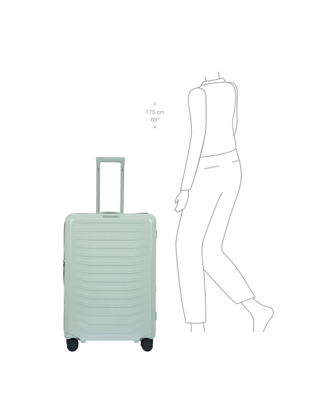 Porsche Design Roadster Hardcase 75 cm Chalk, vue de face avec silhouette pour comparer la taille