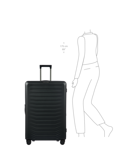 Porsche Design Roadster Hardcase 83 cm Matt Black, vue de face avec silhouette pour comparer la taille