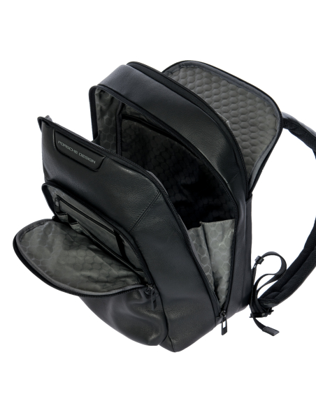 Sac à dos XS Porsche Design Roadster Leather Evo Noir, intérieur ouvert
