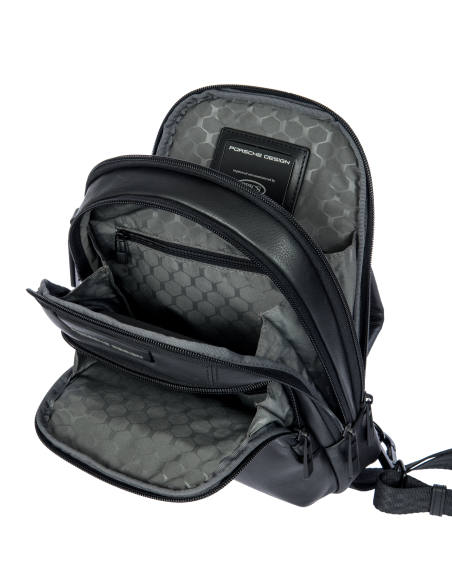 Sac à dos monobretelle Porsche Design Roadster Leather Evo Noir, intérieur ouvert