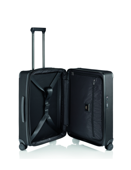 Intérieur ouvert de la valise Porsche Design Roadster Nylon 68 cm Noir, séparateur et sangles