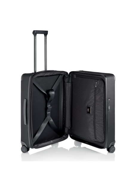 Intérieur ouvert de la valise Porsche Design Roadster Nylon 77 cm Noir, séparateur et sangles