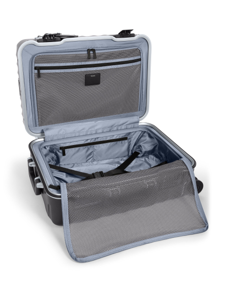 Valise cabine 55 cm TUMI 19 Degree Frame Black Texture, intérieur ouvert avec sangles et filet rabattu
